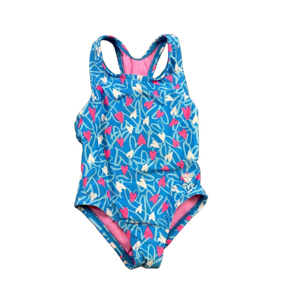 TYR Toddler Girls Pink & Blue Hearts One Piece Racerback Swimsuit Size 2T